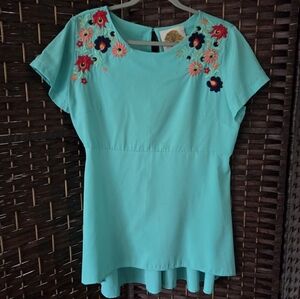 Southern Fashion House Floral Embroidered Teal Top